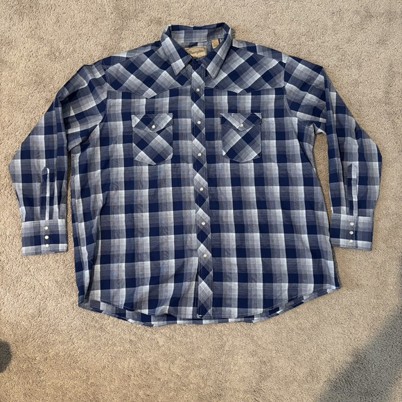 Pearl Other - Vintage Wrangler Wrancher‎ Western Pearl Snap Shirt Blue Plaid Long Sleeve 2XL